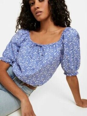 Nation Ltd. Smocked Blue Floral Rowena Peasant Blouse, Size S, Cottage Romantic